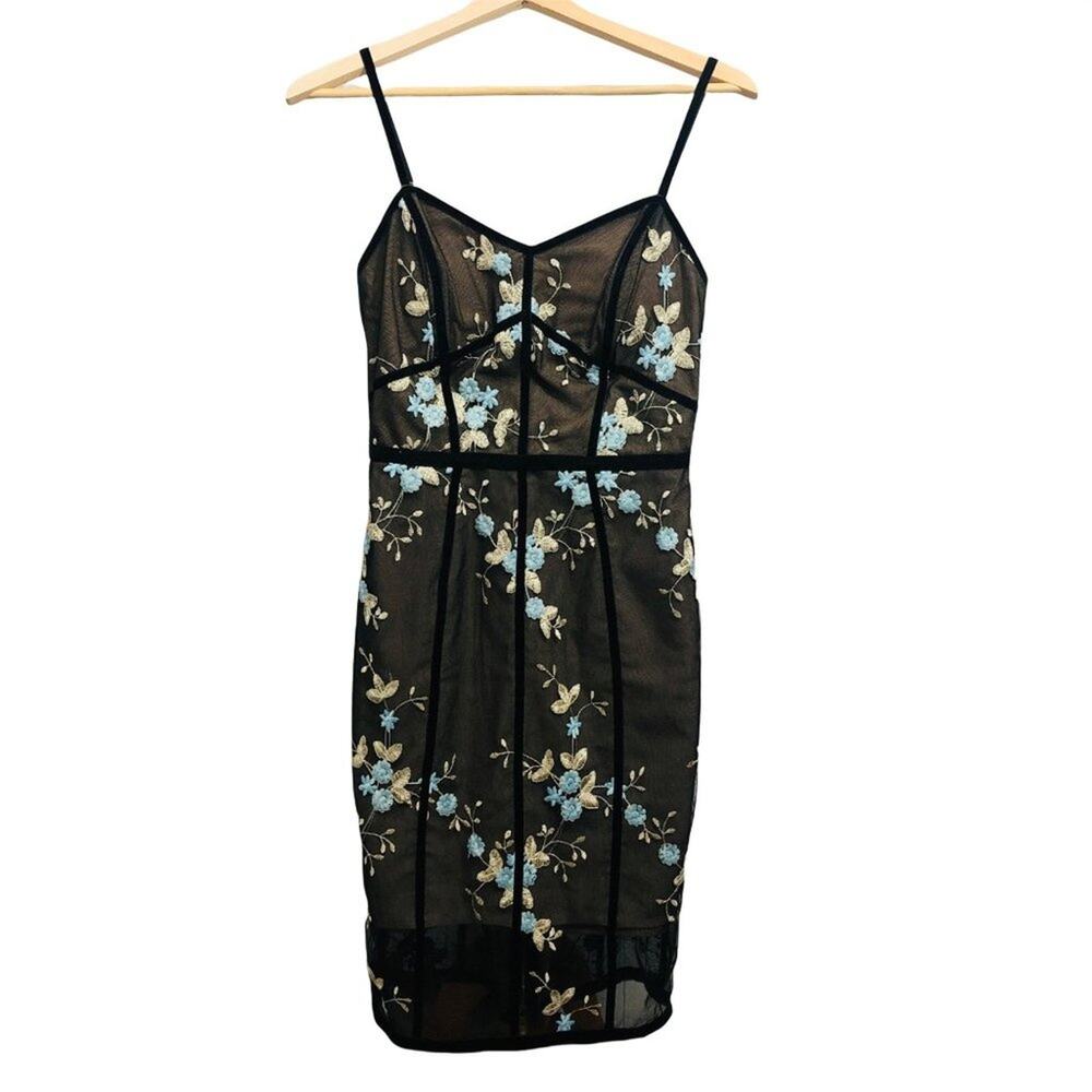 Bronx & Banco Caged Midi Dress Floral Embroidery Full Zip Lined Spaghetti strap